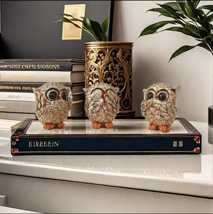 3 Statuettes Chouettes Dorées